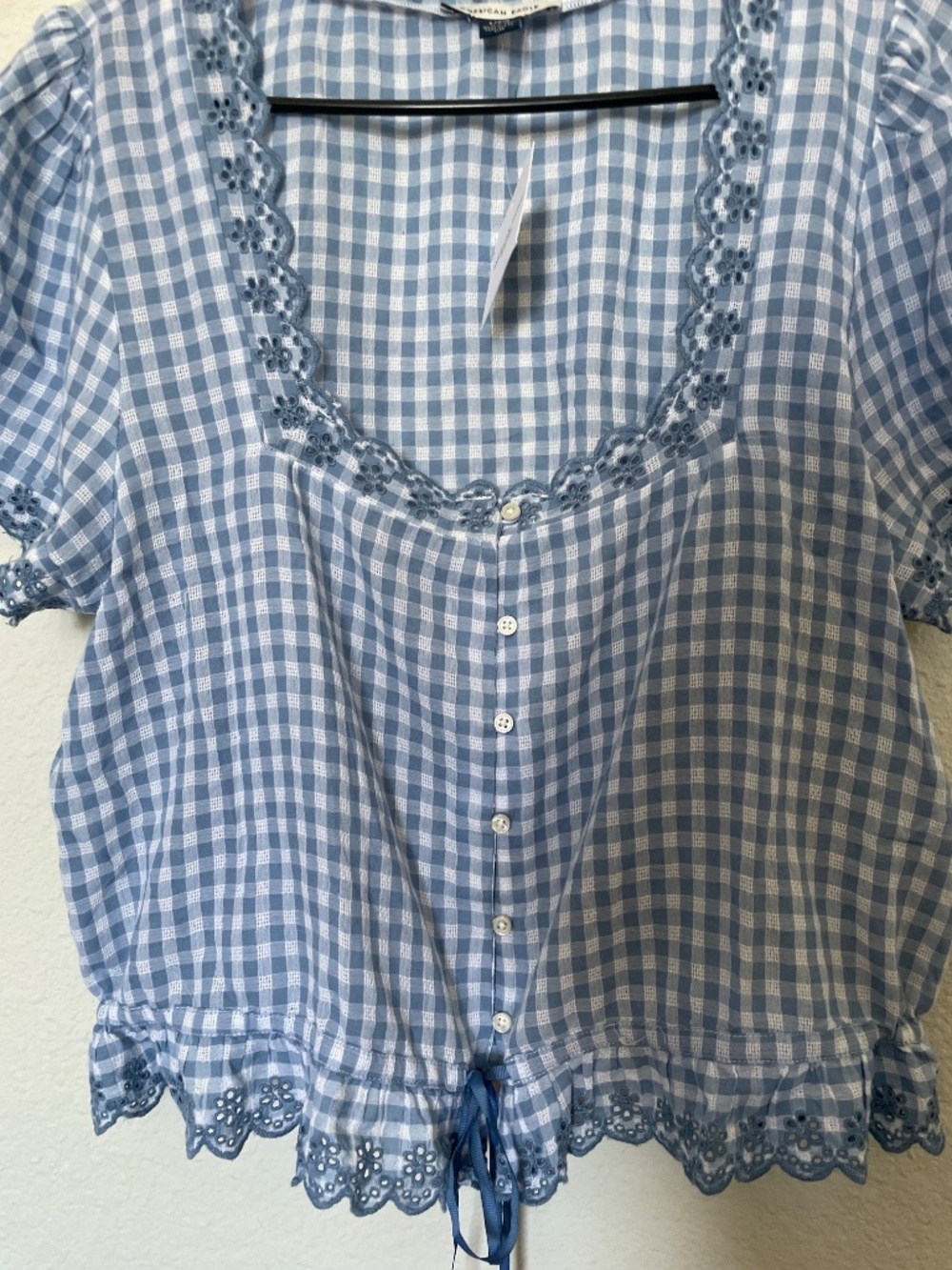 New with tags American eagle blue checkered button top embroidered size Large - Picture 4 of 5